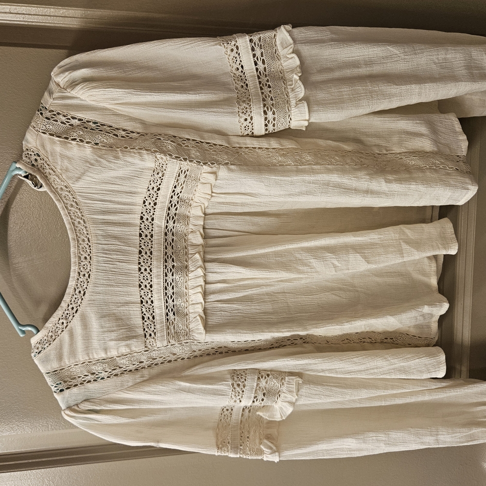 Cream Ruffled Long Sleeve Blouse with Bib Collar
